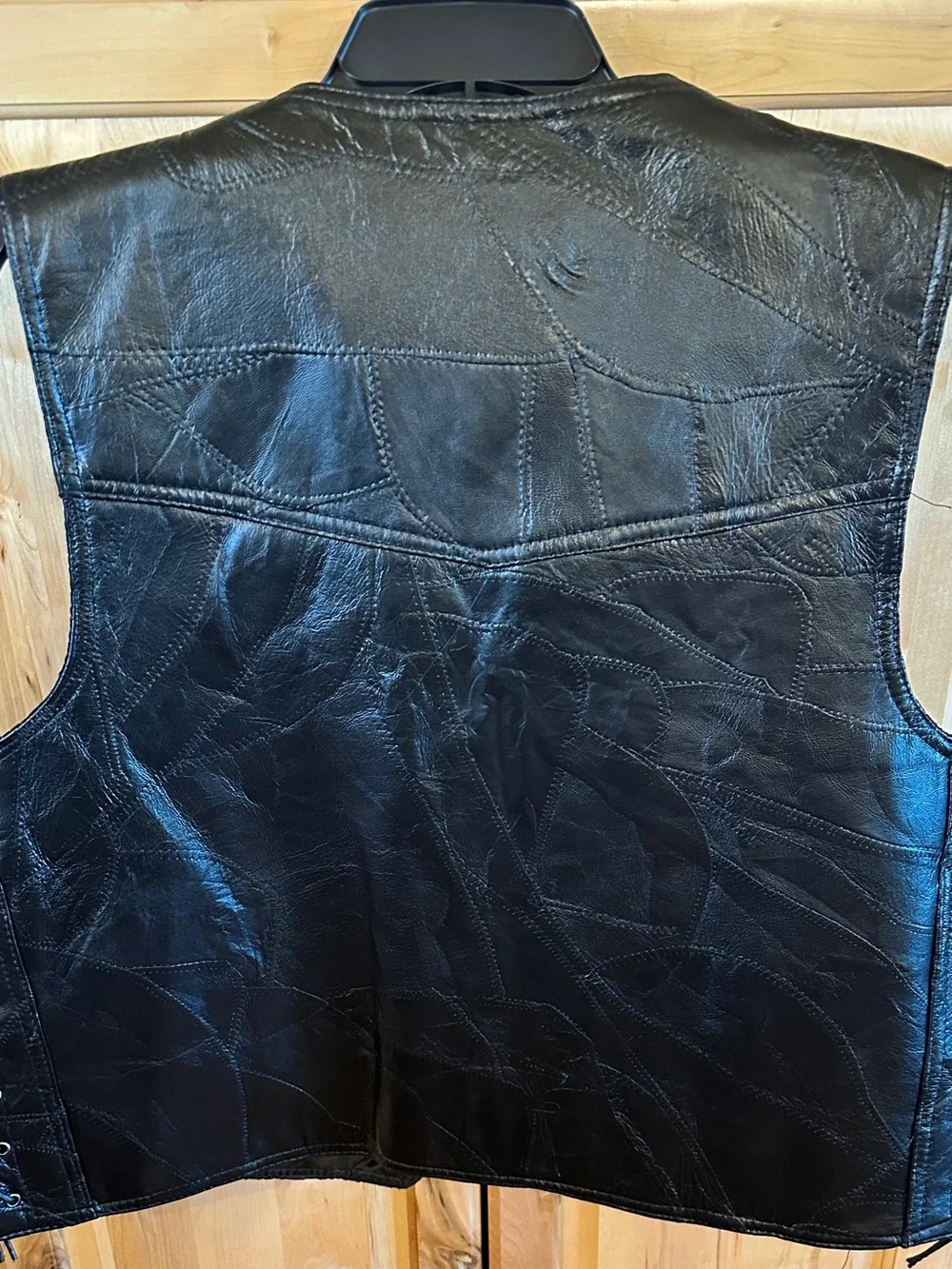 Rocky Ranch Hides Genuine Hog Leather Biker Vest featuring a patchwork design.